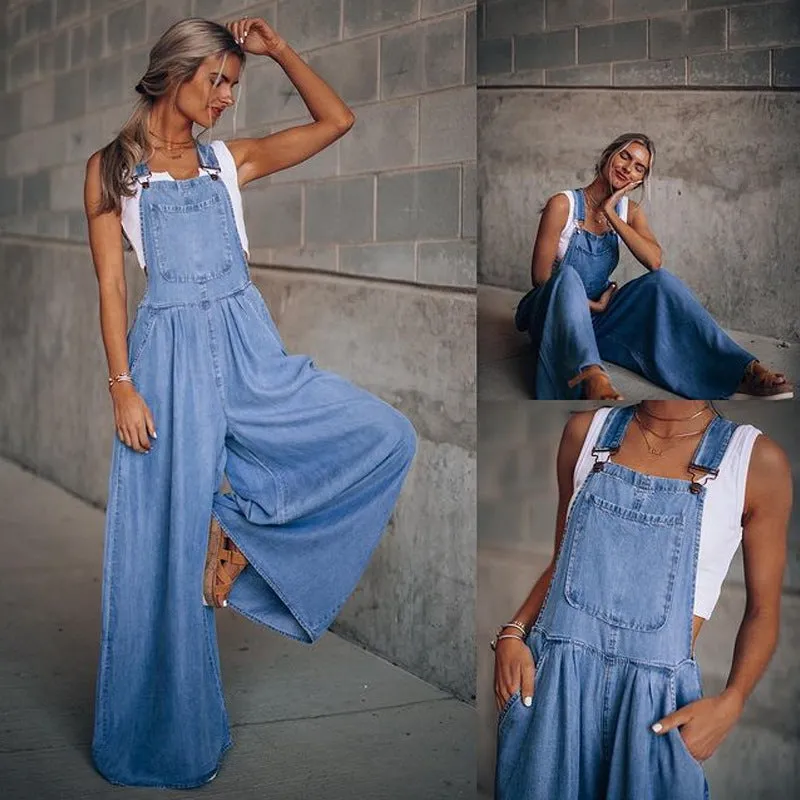 Loose Denim Pockets Strap Elastic Waist Overalls Jumpsuits