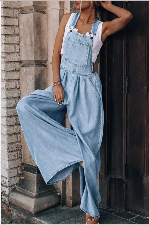 Loose Denim Pockets Strap Elastic Waist Overalls Jumpsuits