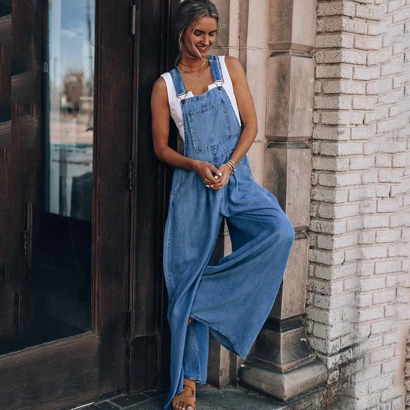 Loose Denim Pockets Strap Elastic Waist Overalls Jumpsuits
