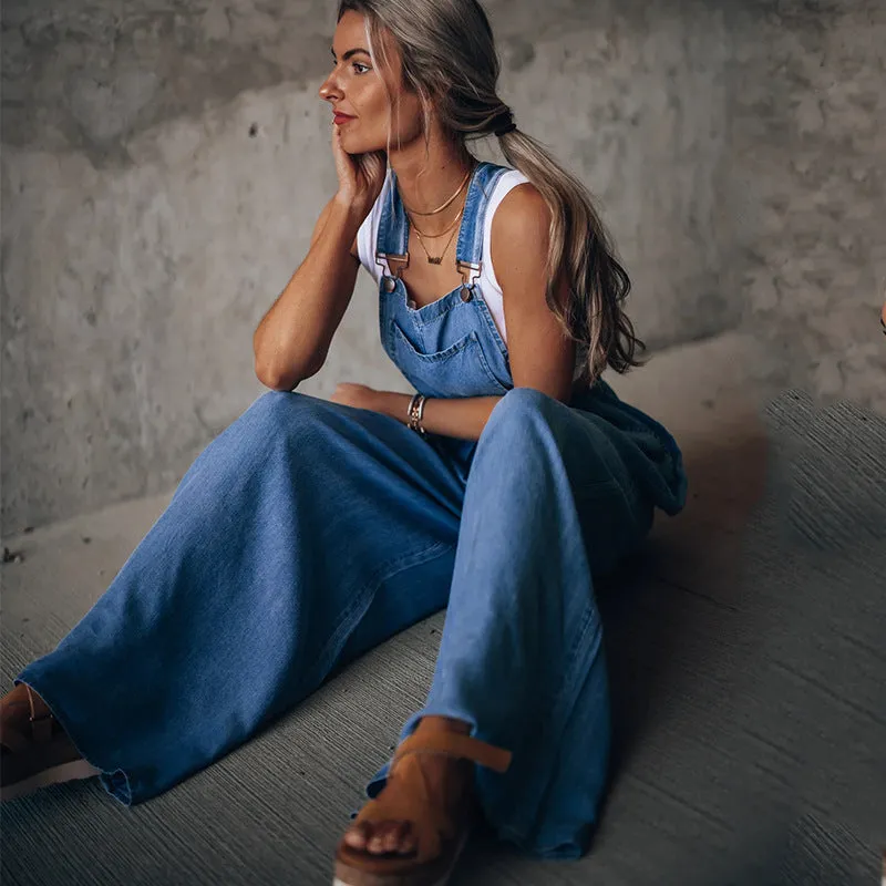 Loose Denim Pockets Strap Elastic Waist Overalls Jumpsuits