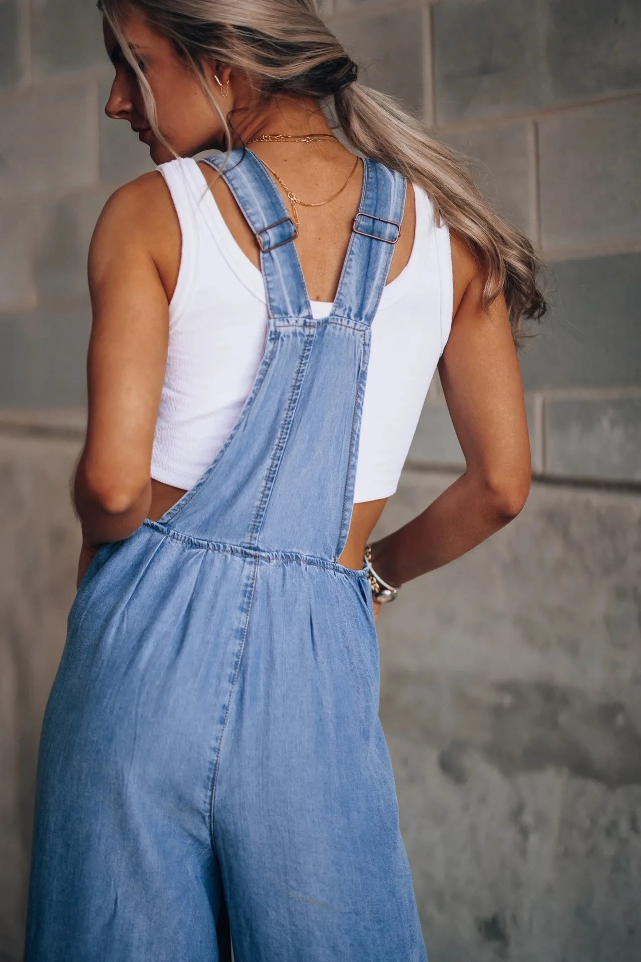 Loose Denim Pockets Strap Elastic Waist Overalls Jumpsuits