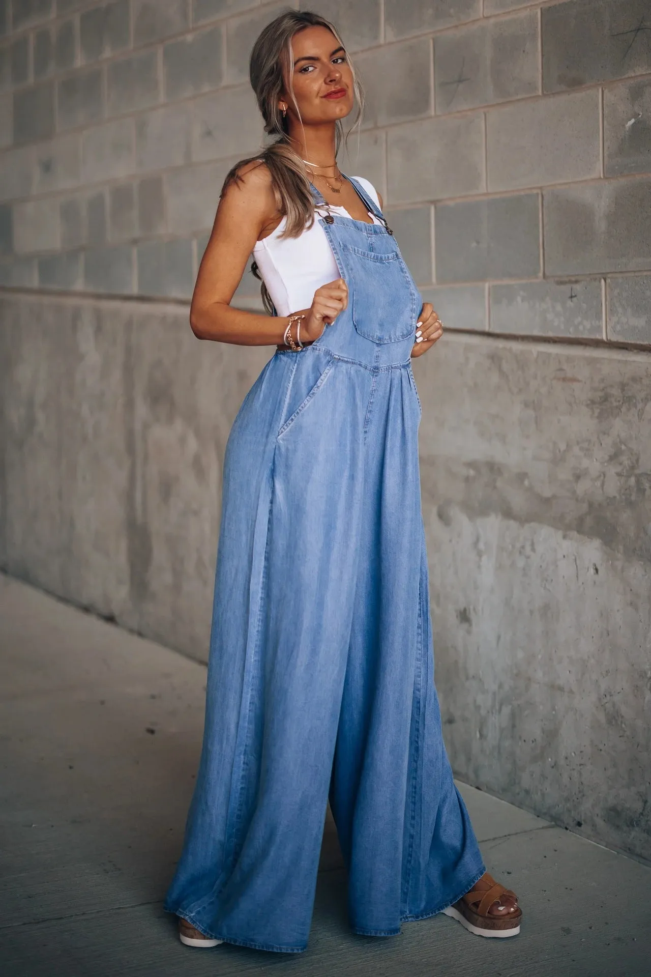Loose Denim Pockets Strap Elastic Waist Overalls Jumpsuits