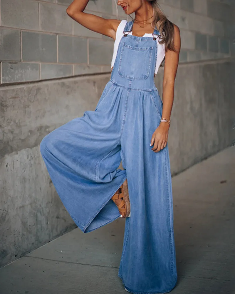 Loose Denim Pockets Strap Elastic Waist Overalls Jumpsuits