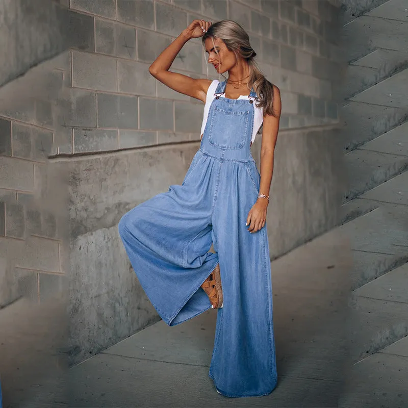 Loose Denim Pockets Strap Elastic Waist Overalls Jumpsuits