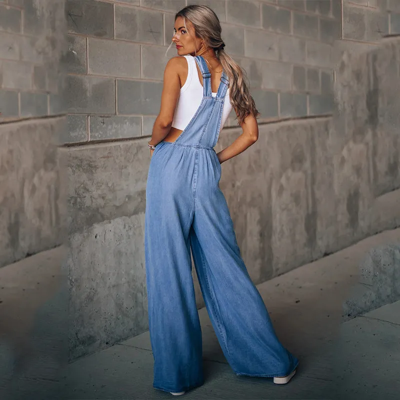 Loose Denim Pockets Strap Elastic Waist Overalls Jumpsuits