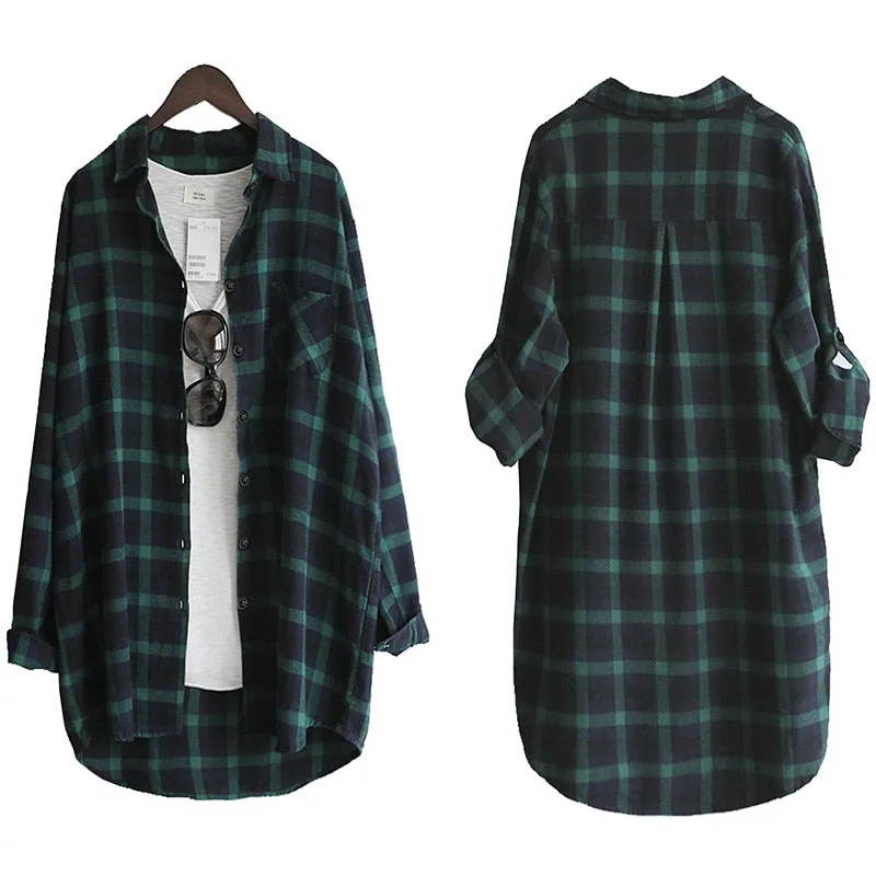 Loose Plaid Long Sleeve Blouse in Large Size