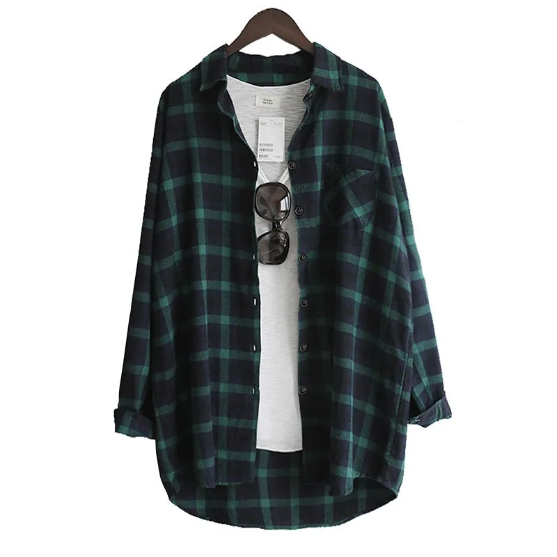 Loose Plaid Long Sleeve Blouse in Large Size