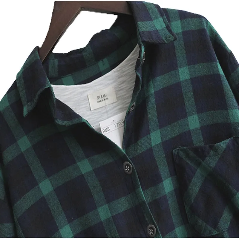 Loose Plaid Long Sleeve Blouse in Large Size