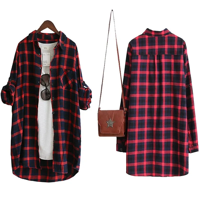 Loose Plaid Long Sleeve Blouse in Large Size