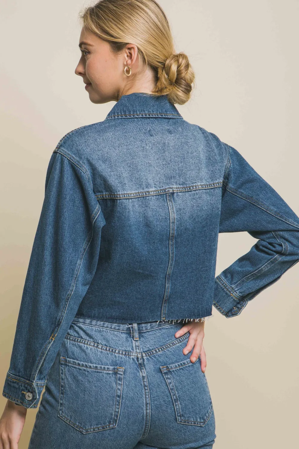 Love Tree Cropped Denim Jacket with Raw Hem