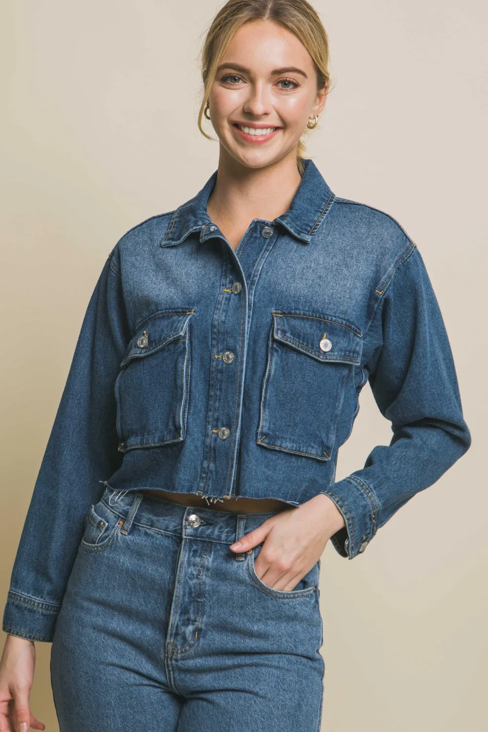 Love Tree Cropped Denim Jacket with Raw Hem