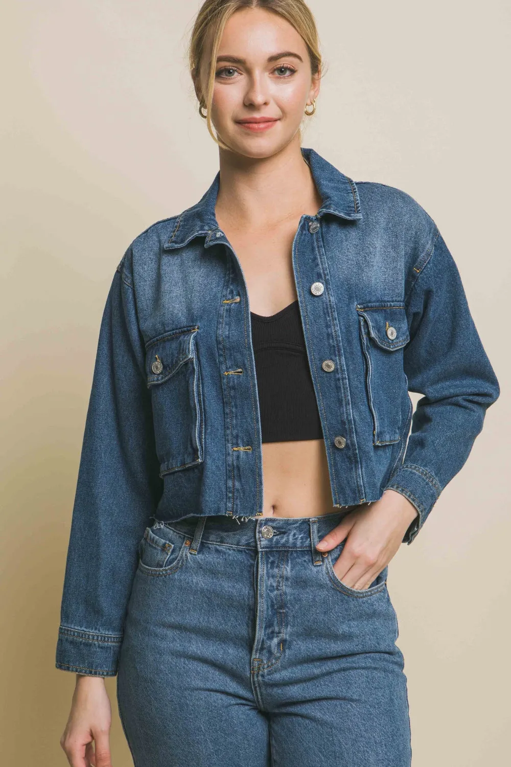 Love Tree Cropped Denim Jacket with Raw Hem