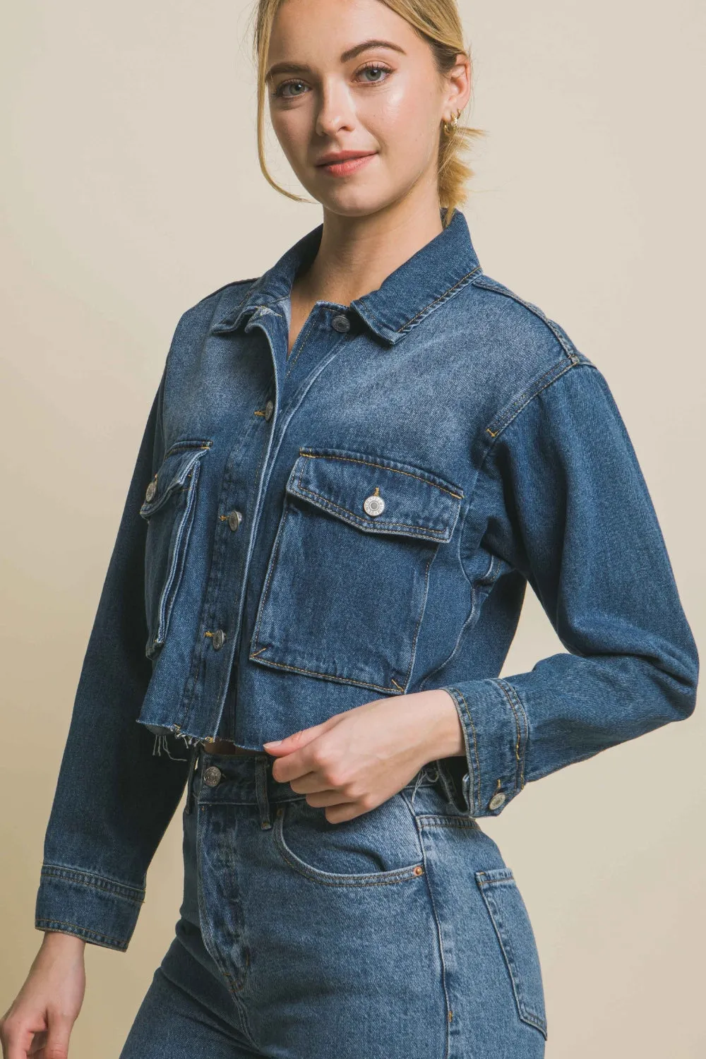 Love Tree Cropped Denim Jacket with Raw Hem