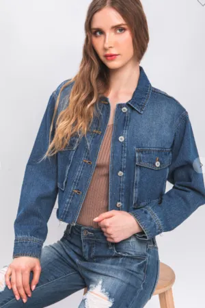 Love Tree Cropped Denim Jacket with Raw Hem