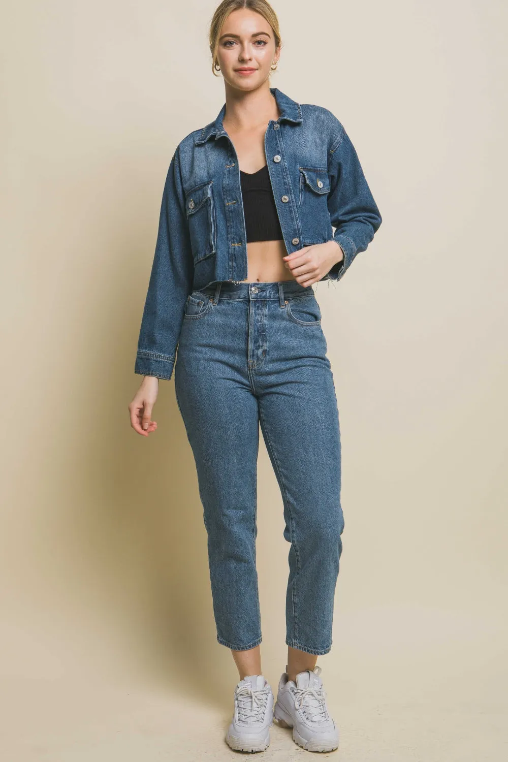 Love Tree Cropped Denim Jacket with Raw Hem