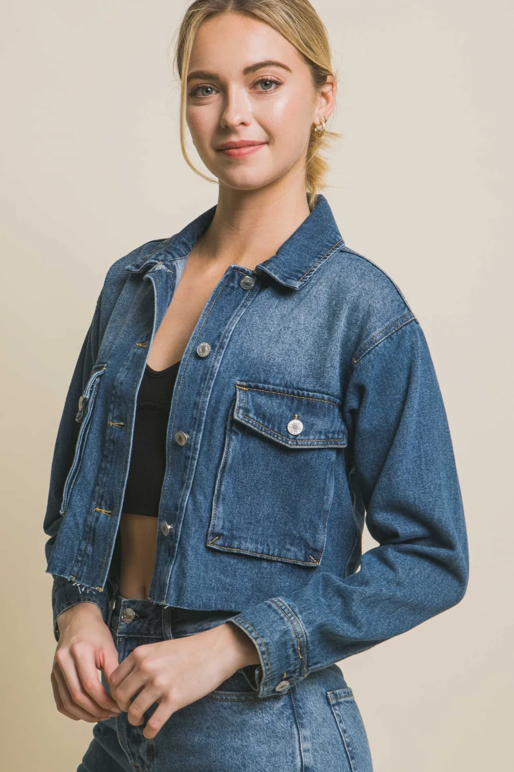 Love Tree Cropped Denim Jacket with Raw Hem