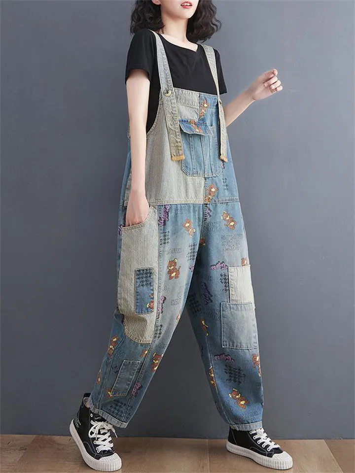 Lovely Cartoon Mouse Print Blue Denim Jumpsuit for Women