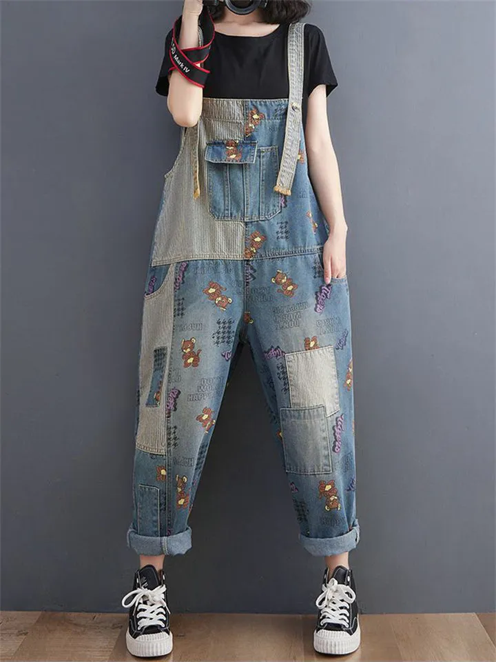 Lovely Cartoon Mouse Print Blue Denim Jumpsuit for Women