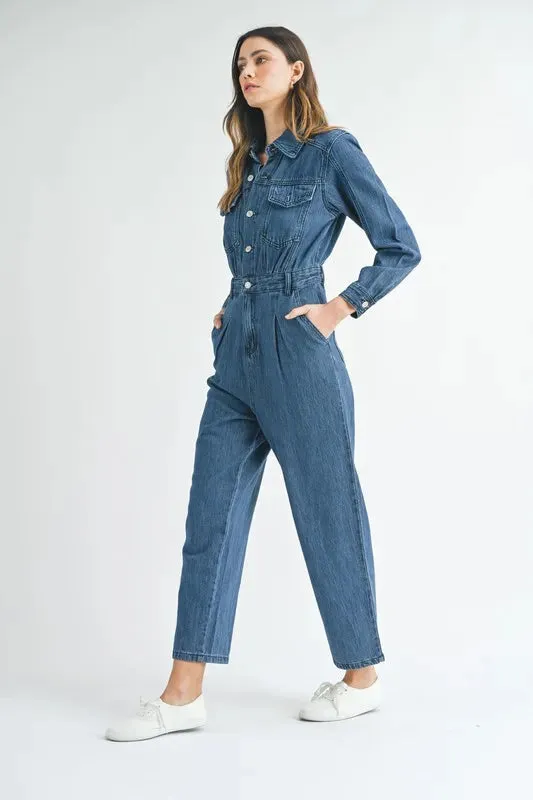 MABLE Cinched Waist Straight Leg Denim Jumpsuit