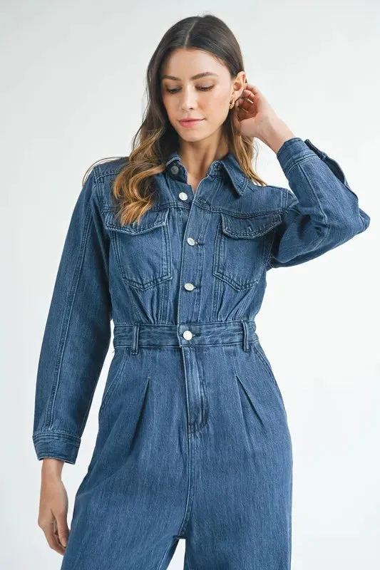 MABLE Cinched Waist Straight Leg Denim Jumpsuit