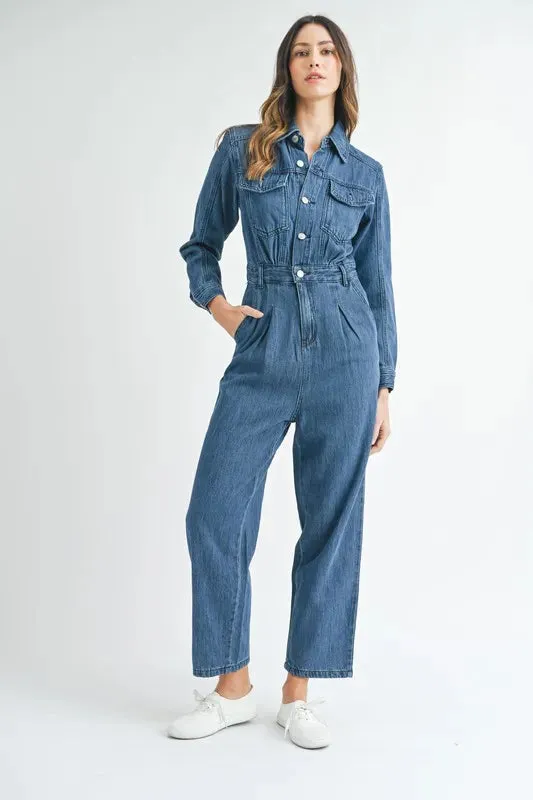 MABLE Cinched Waist Straight Leg Denim Jumpsuit