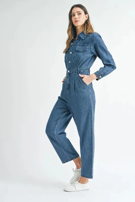 MABLE Cinched Waist Straight Leg Denim Jumpsuit