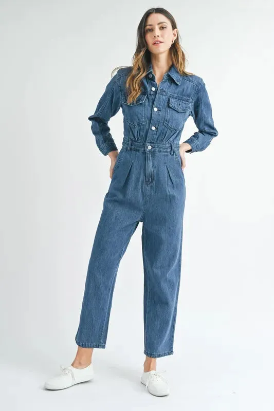 MABLE Cinched Waist Straight Leg Denim Jumpsuit