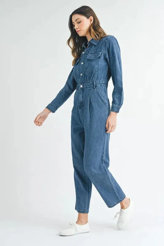 MABLE Cinched Waist Straight Leg Denim Jumpsuit