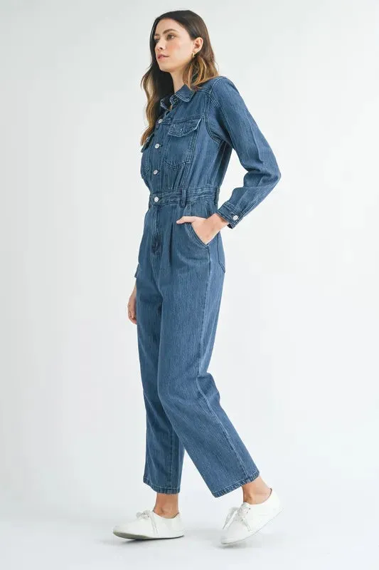 MABLE Cinched Waist Straight Leg Denim Jumpsuit