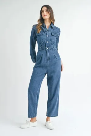 MABLE Cinched Waist Straight Leg Denim Jumpsuit
