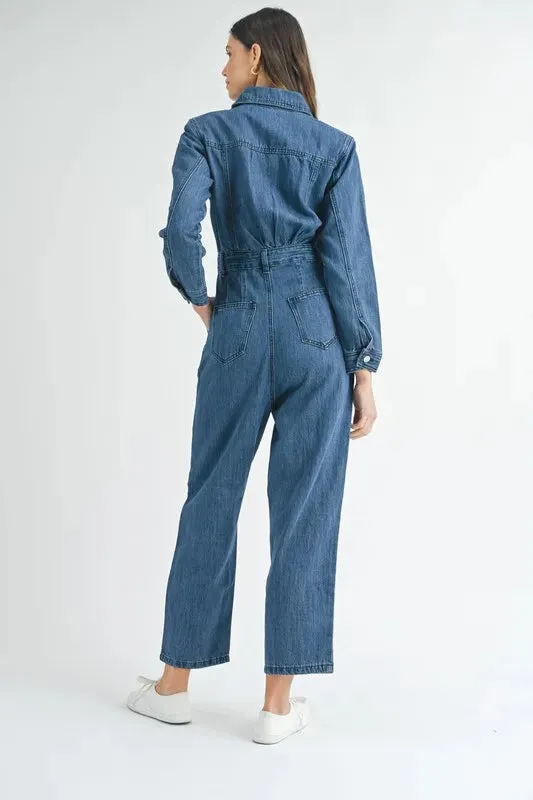 MABLE Cinched Waist Straight Leg Denim Jumpsuit