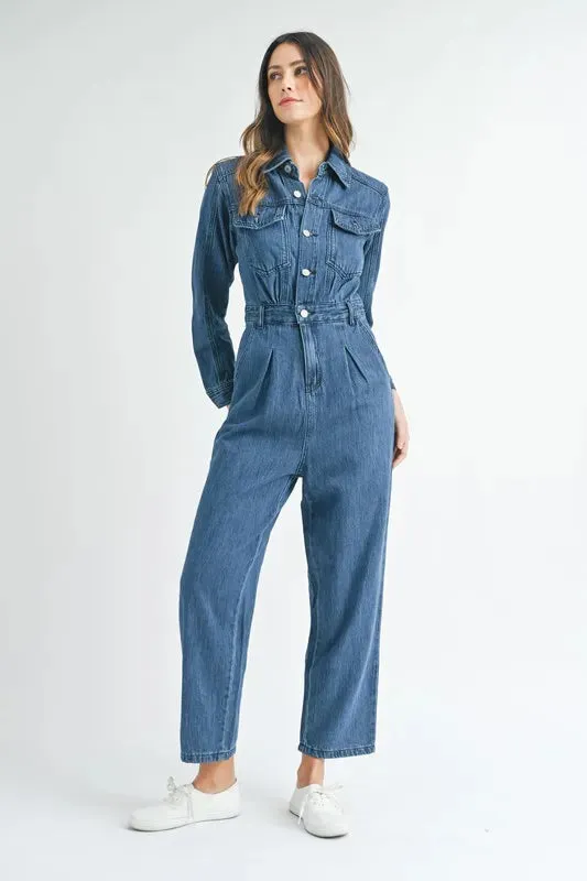 MABLE Cinched Waist Straight Leg Denim Jumpsuit