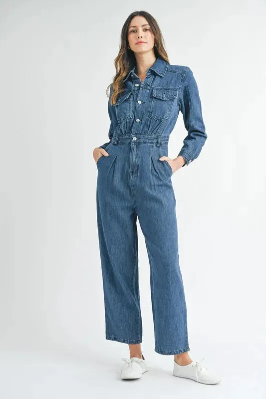MABLE Cinched Waist Straight Leg Denim Jumpsuit