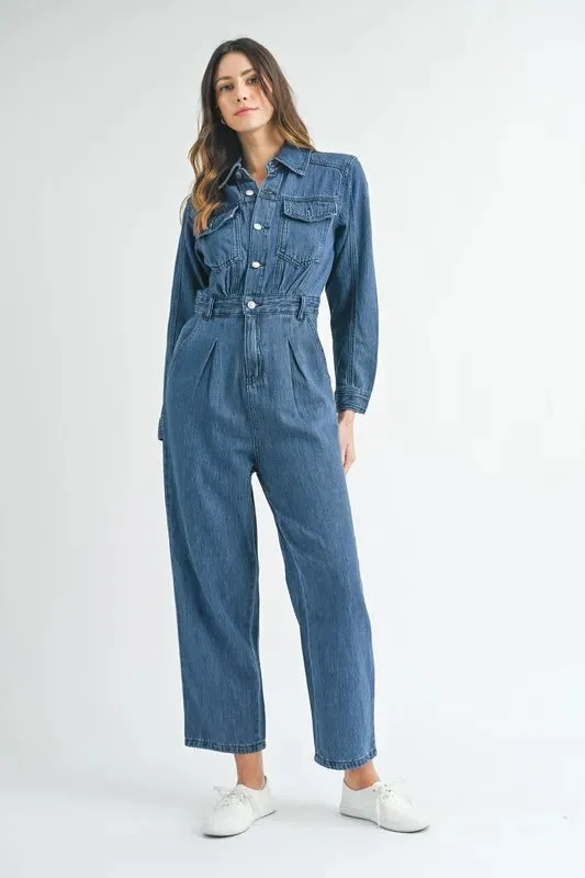 MABLE Cinched Waist Straight Leg Denim Jumpsuit