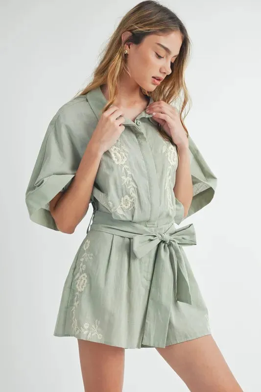 MABLE Embroidered Button Down Collared Neck Romper