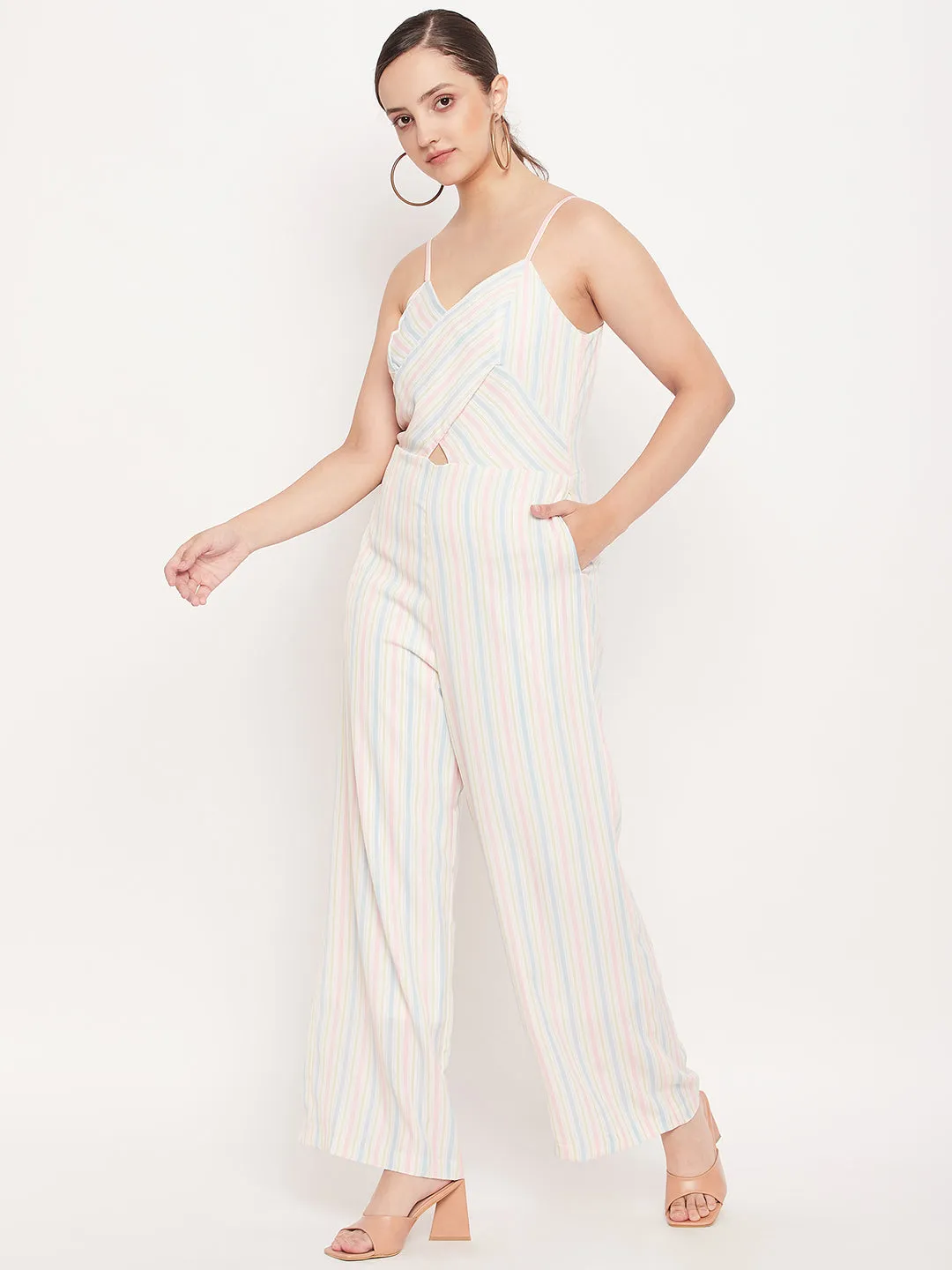 Madame Off White Stripped Cutout Jumpsuit