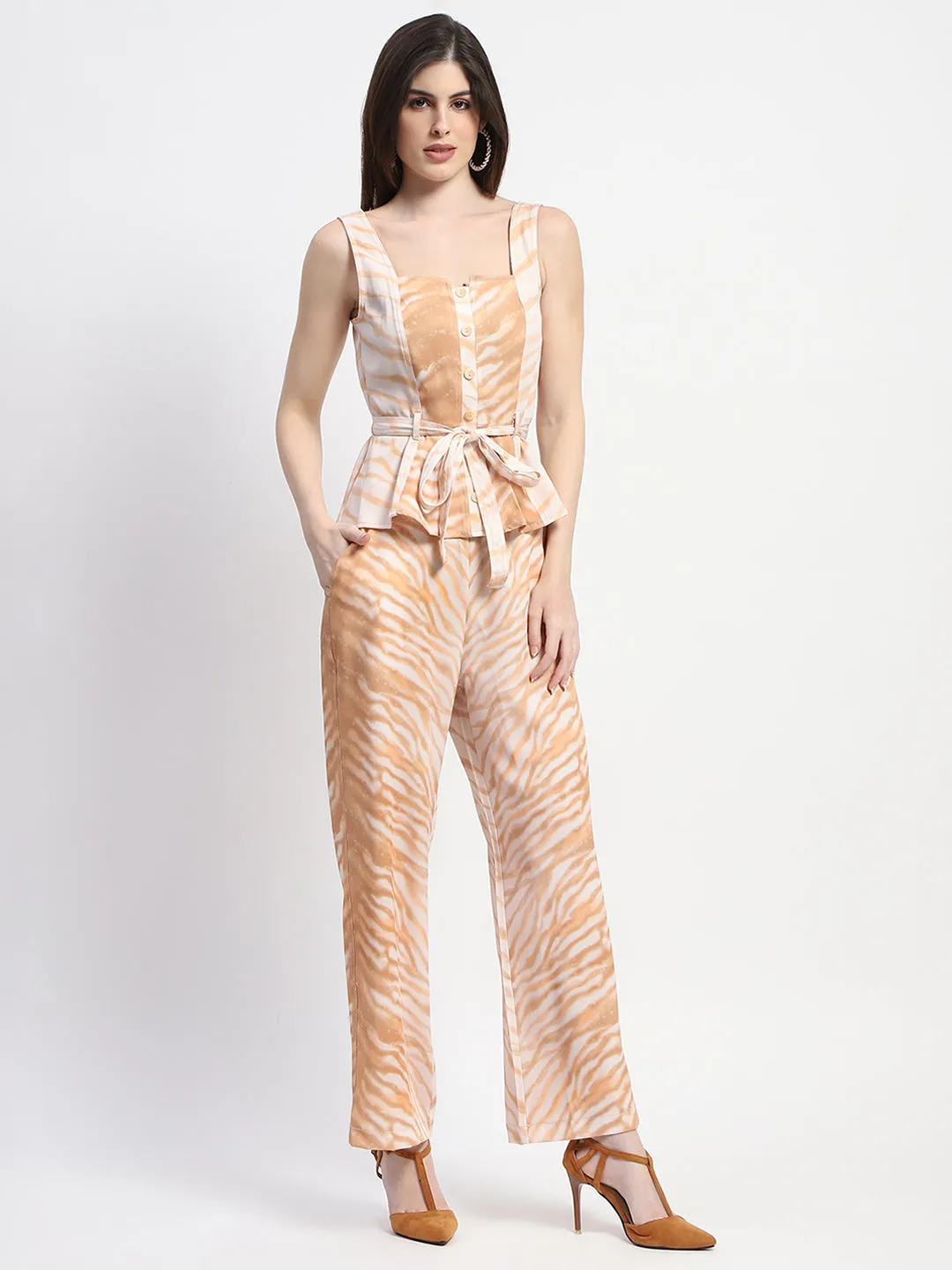 Madame  Zebra Print Top and Bottom Tan Coord Set