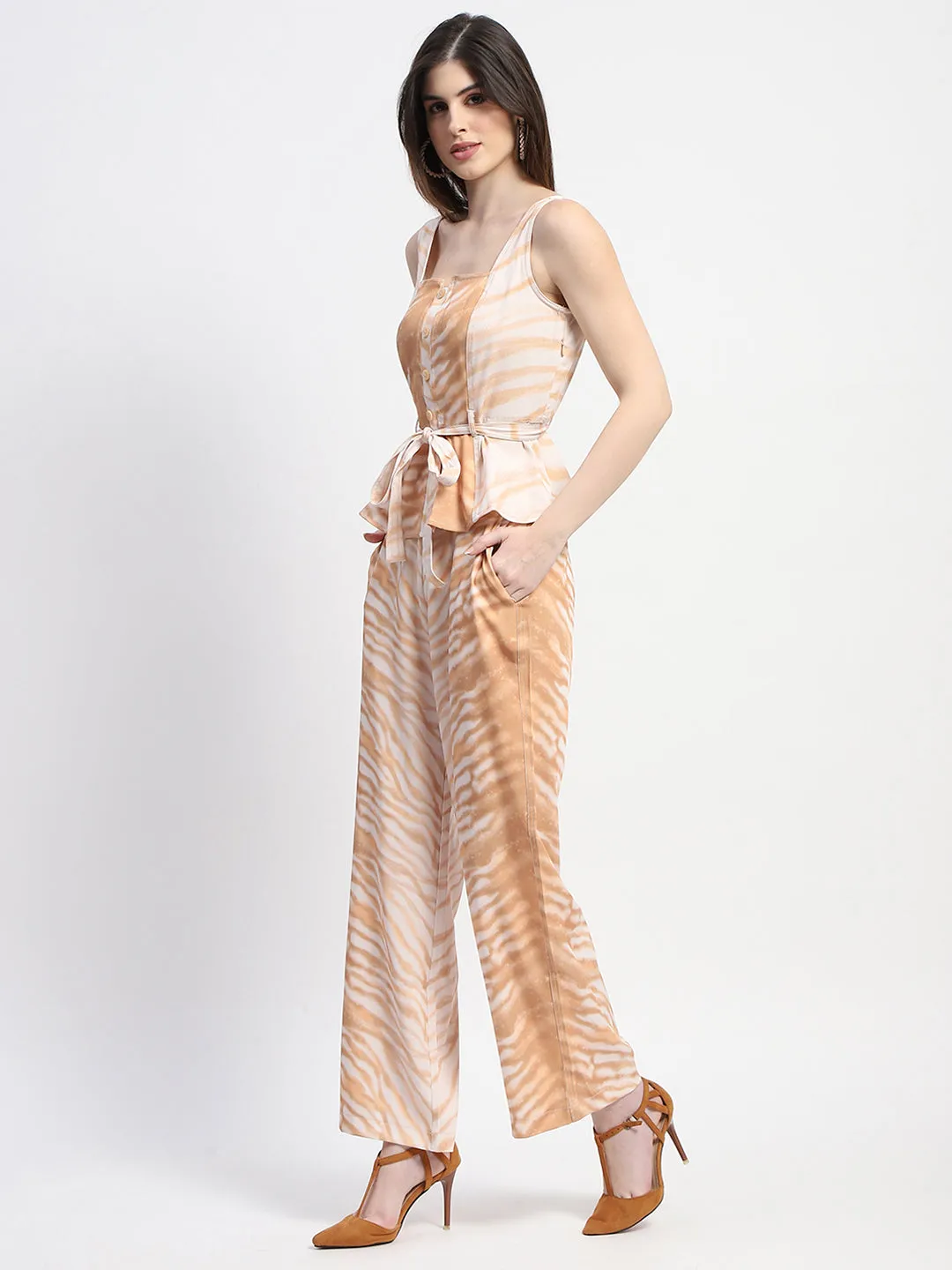 Madame  Zebra Print Top and Bottom Tan Coord Set