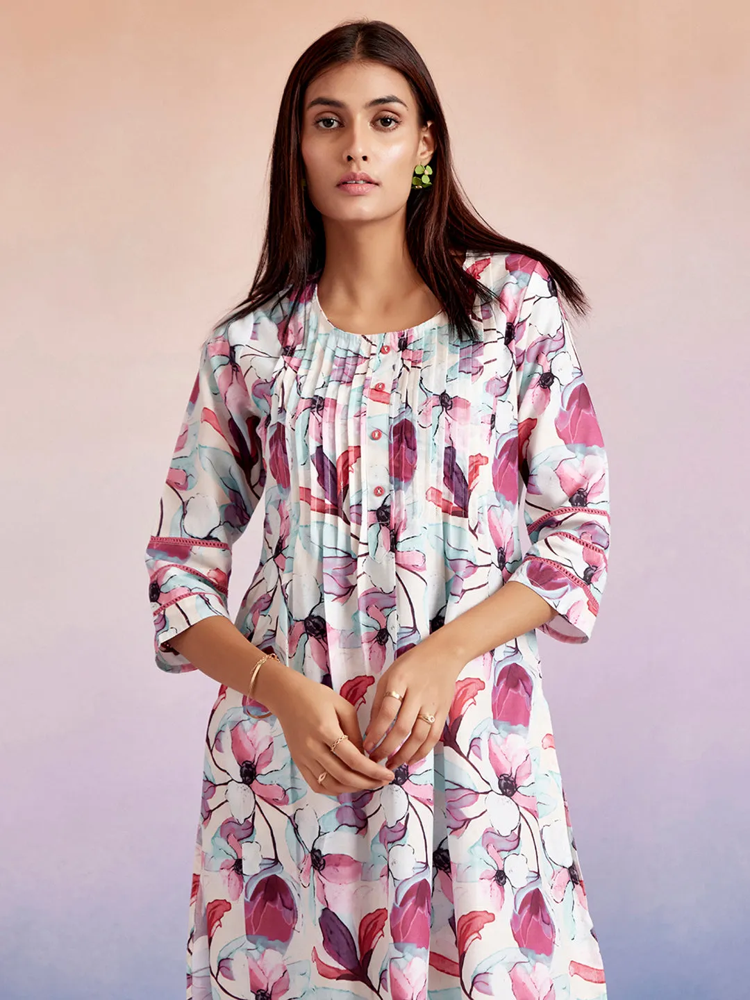 Magenta Floral Printed Kurta Set