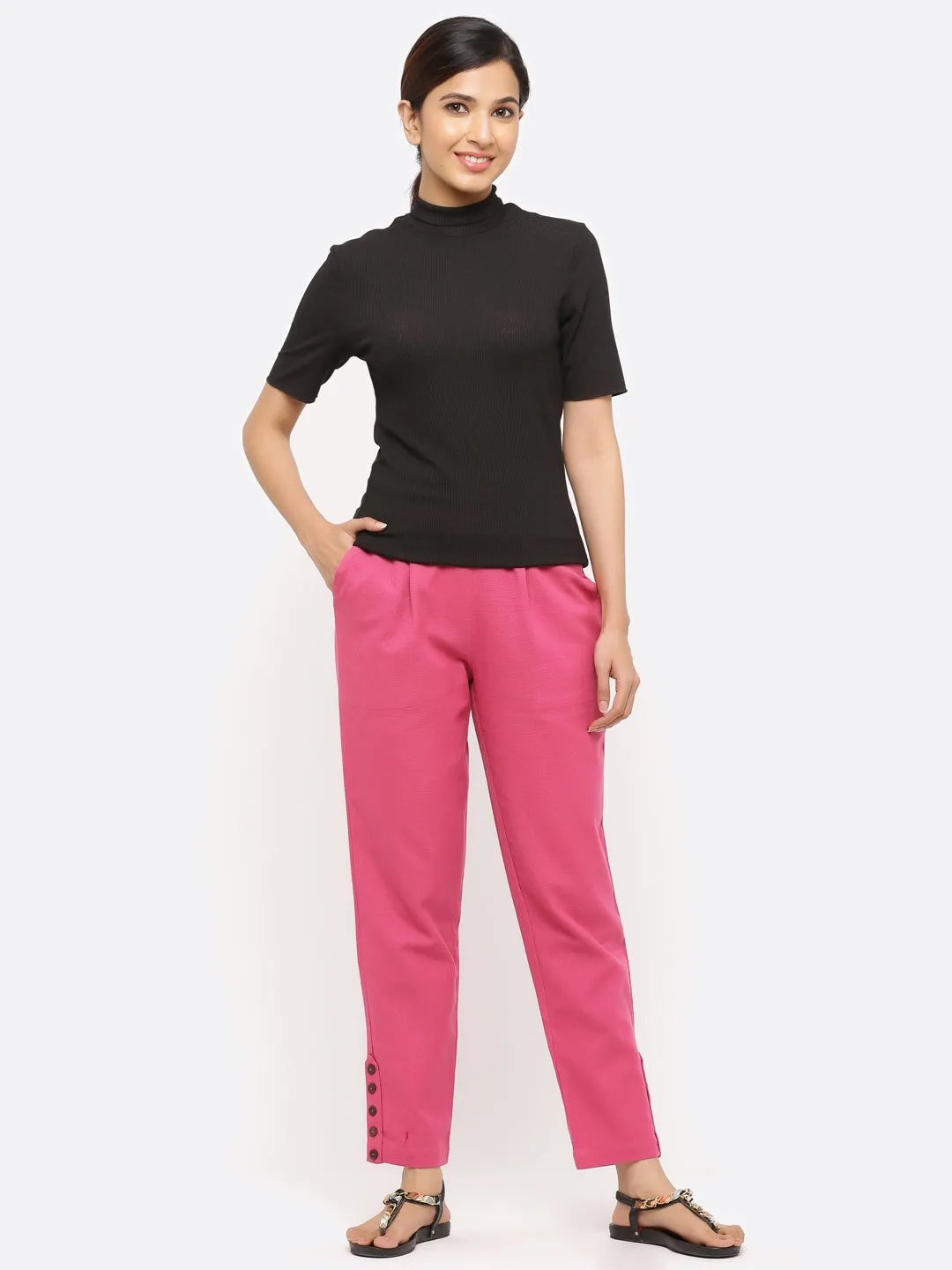 Magenta Solid Cotton Slub Pants