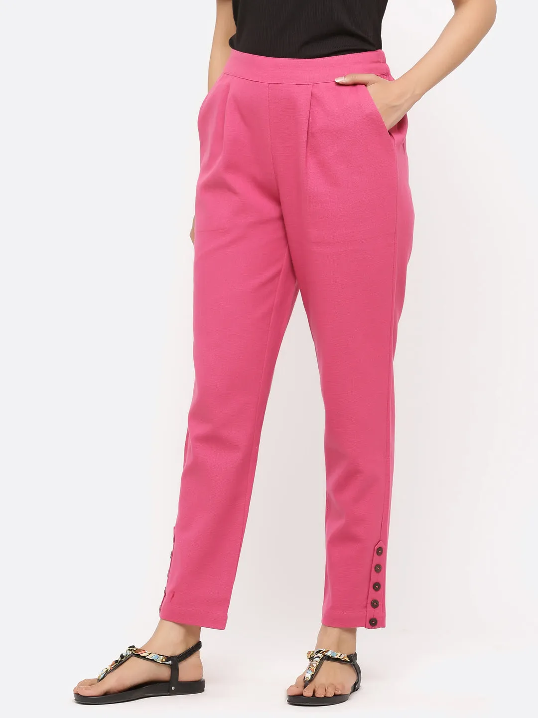 Magenta Solid Cotton Slub Pants