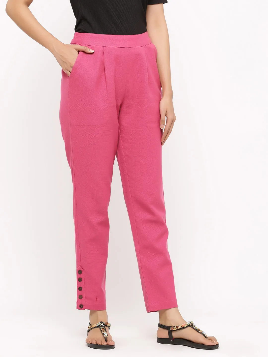 Magenta Solid Cotton Slub Pants