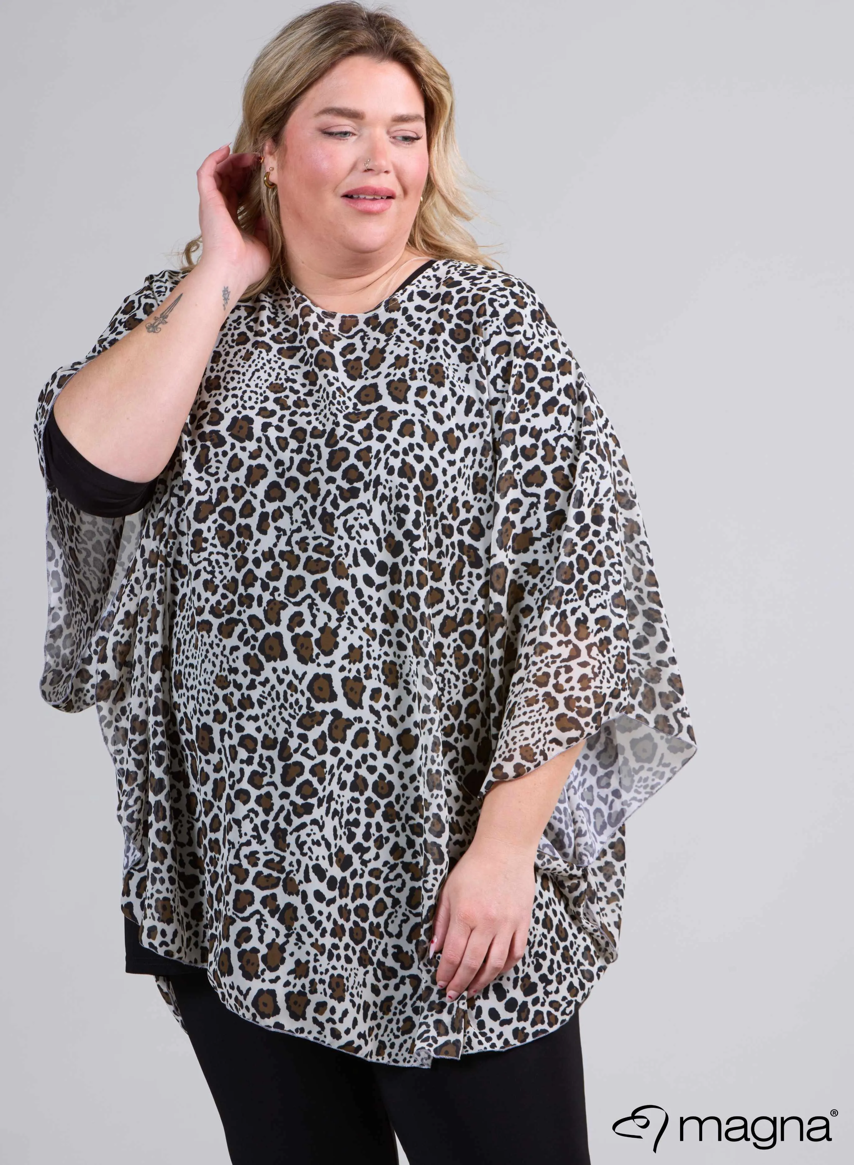 Magna Printed Chiffon Poncho Brown Cheetah Print