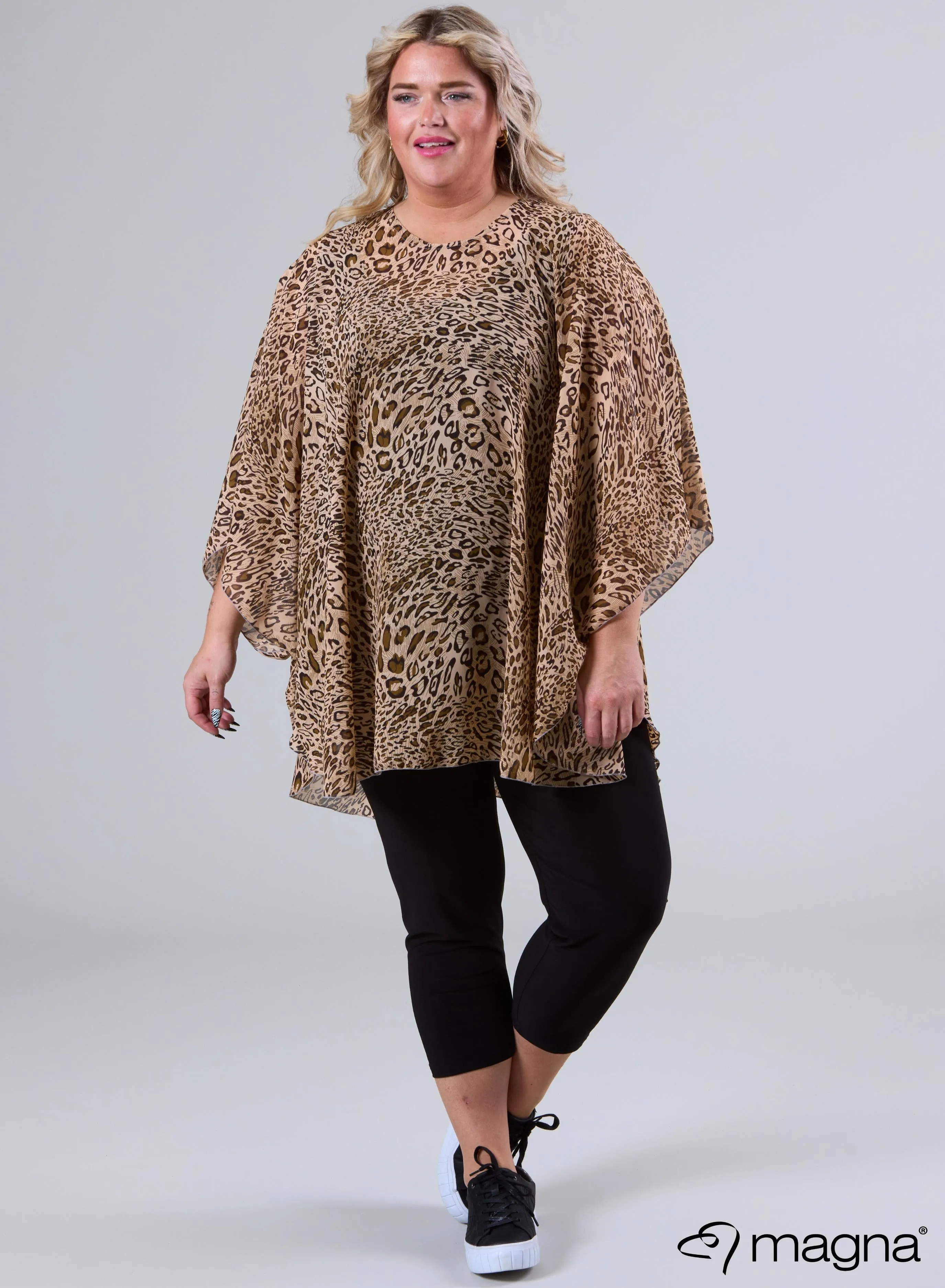 Magna Printed Chiffon Poncho Small Leo Taupe