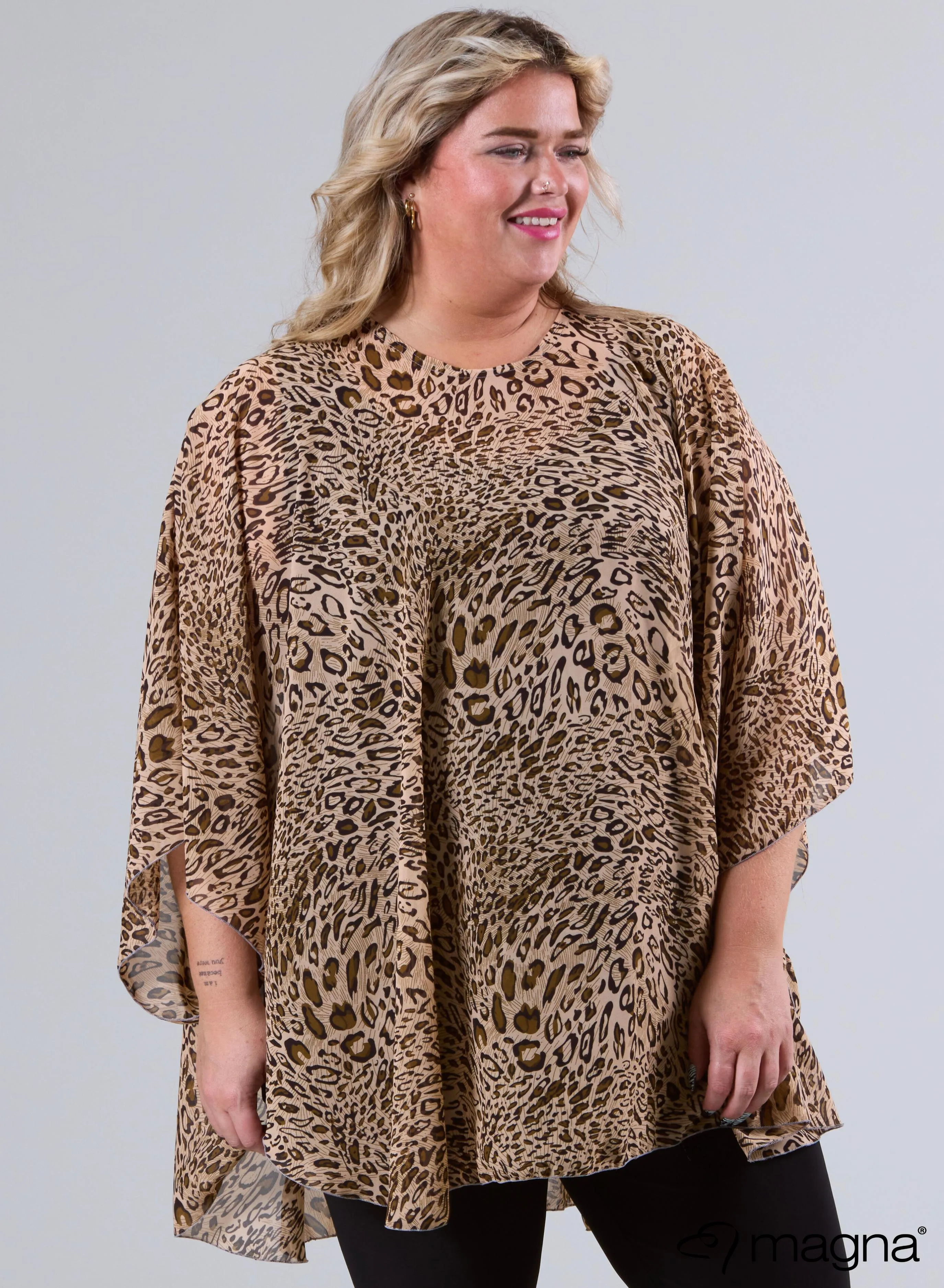 Magna Printed Chiffon Poncho Small Leo Taupe