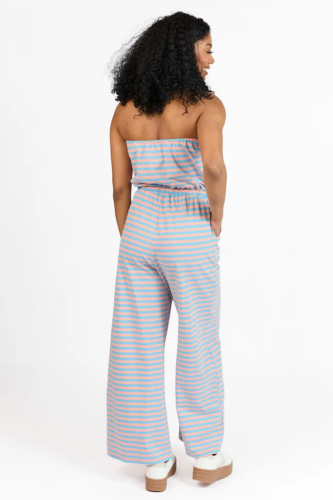 Making My Way Coral and Blue Striped Strapless Jumpsuit SALE