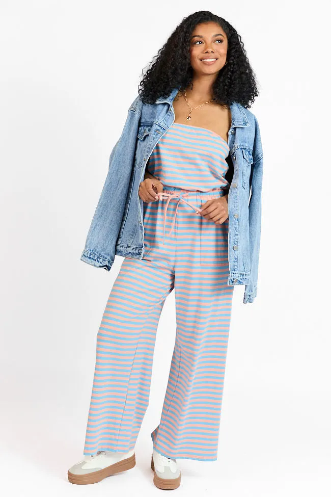 Making My Way Coral and Blue Striped Strapless Jumpsuit SALE
