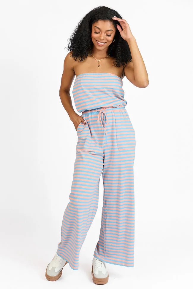 Making My Way Coral and Blue Striped Strapless Jumpsuit SALE