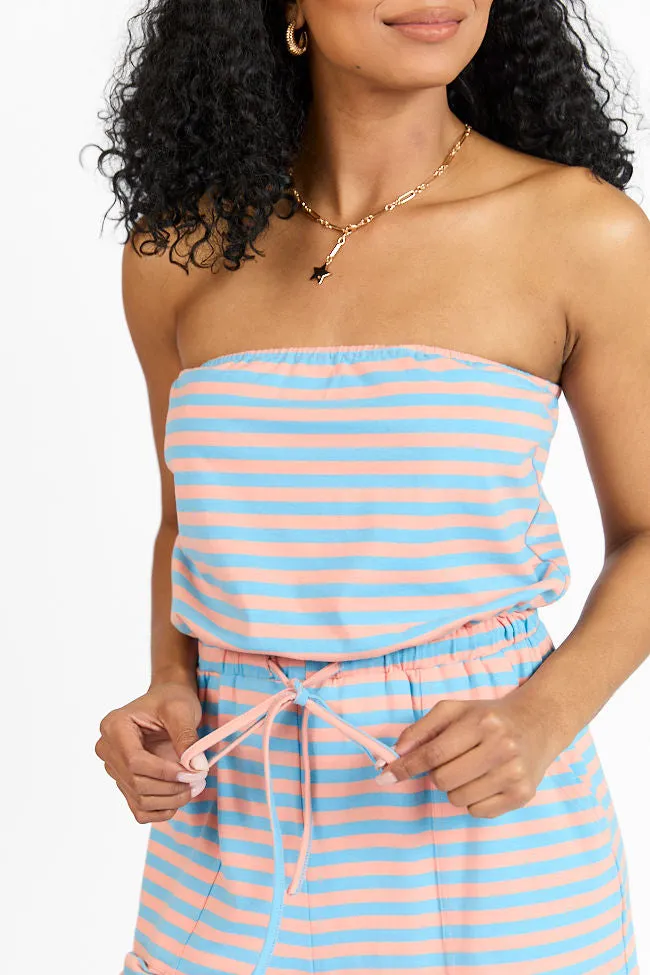 Making My Way Coral and Blue Striped Strapless Jumpsuit SALE