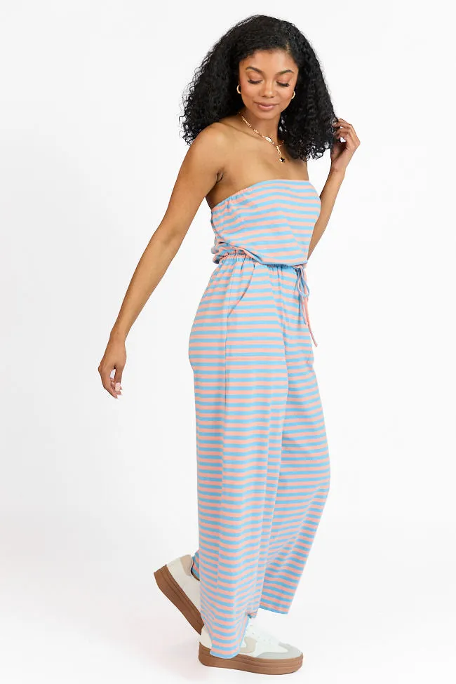 Making My Way Coral and Blue Striped Strapless Jumpsuit SALE